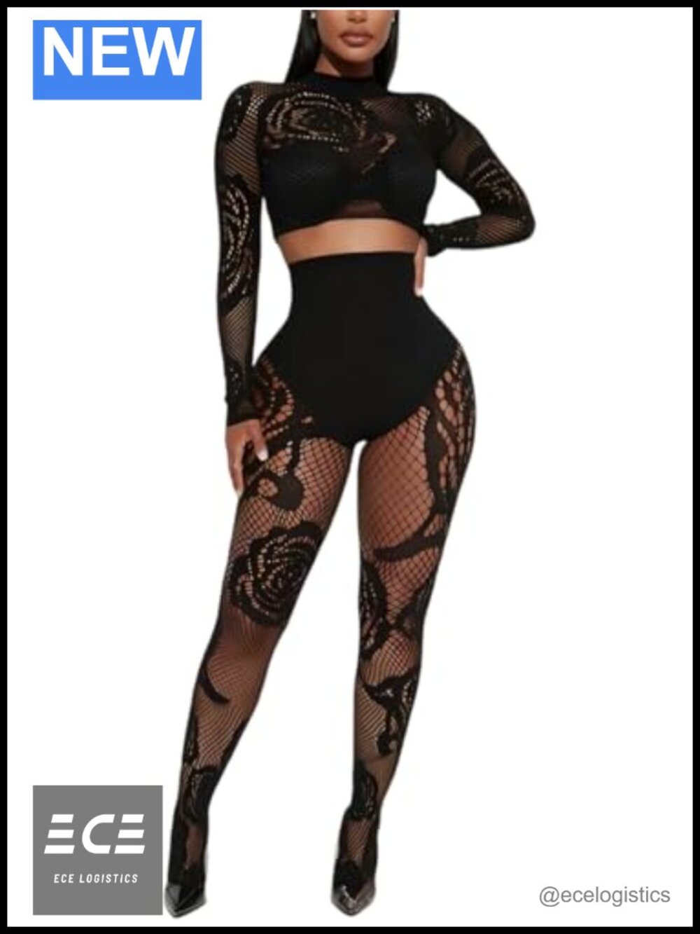 Fishnet Seamless 2 Piece Set Mock Neck Long Sleeve Crop Top Legging Clubwear